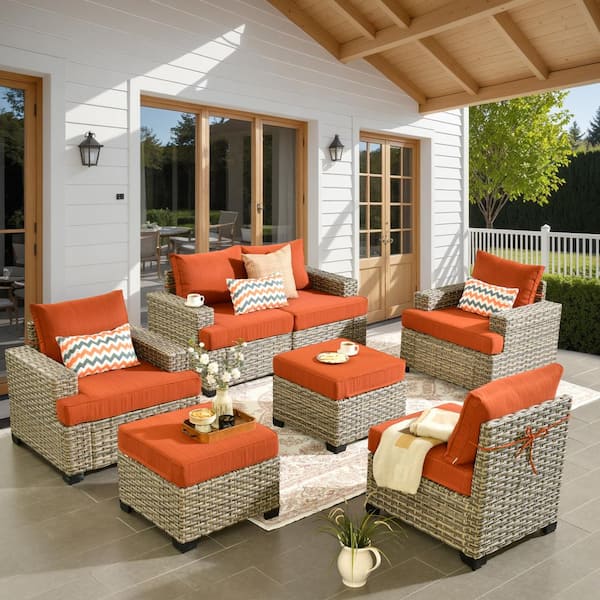 HOOOWOOO Kelleys 7-Piece Wicker Modern Outdoor Patio Conversation Sofa Seating Set with Orange Red Cushions