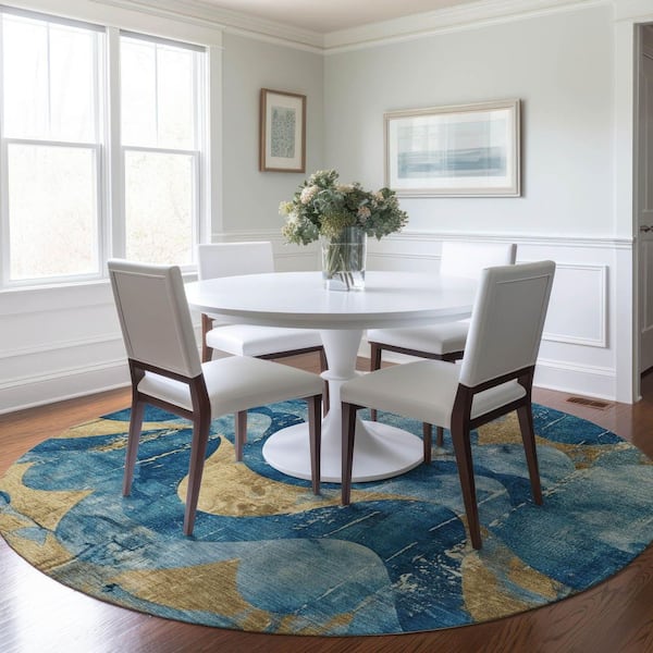 Chantille Machine Washable Indoor/Outdoor Abstract ACN1786 Teal 8 ft. x 8 ft. Round Rug