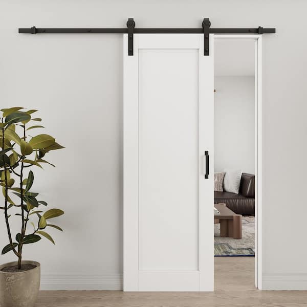 28 in. x 80 in. 1-Panel White Primed MDF No Assembly Required Sliding Barn Door with Hardware Kit for Bathroom