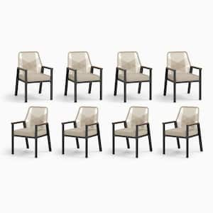 Black Metal Woven Rope Outdoor Patio Dining Chair with Beige Cushions (8-Pack)