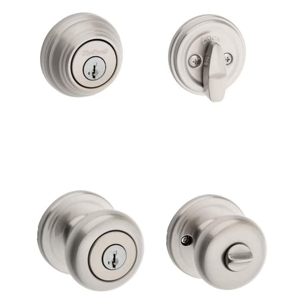 Juno Satin Nickel Exterior Entry Door Knob and Single Cylinder Deadbolt Combo Pack Featuring SmartKey Security