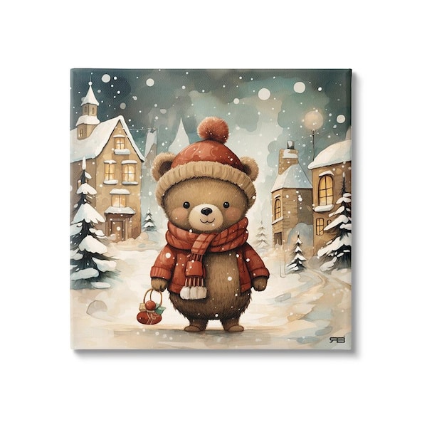 Stupell Industries Bear in Snowy Winter Village by RB 1-Piece Unframed Graphic Print Animal Poster Art Print 17 in. x 17 in.