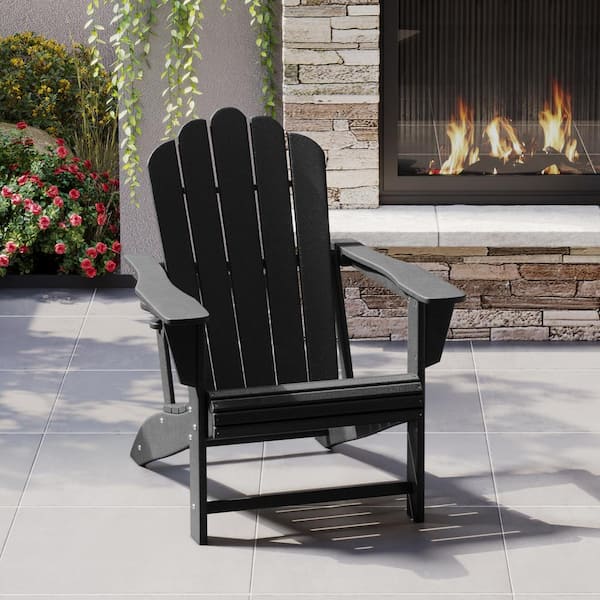 Aderson Outdoor Patio Weather Resistant Classic Poly Plastic Adirondack Chair with Cupholder in Black