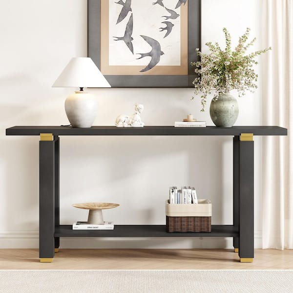 63 in. Black Rectangle Pine Wood Console Table with Metal Accents and Built-in Shelf