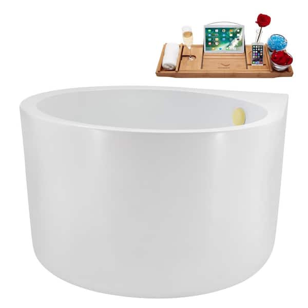 Streamline 47 in. x 39 in. Acrylic Freestanding Soaking Bathtub in Glossy White with Polished Brass Drain, Bamboo Tray