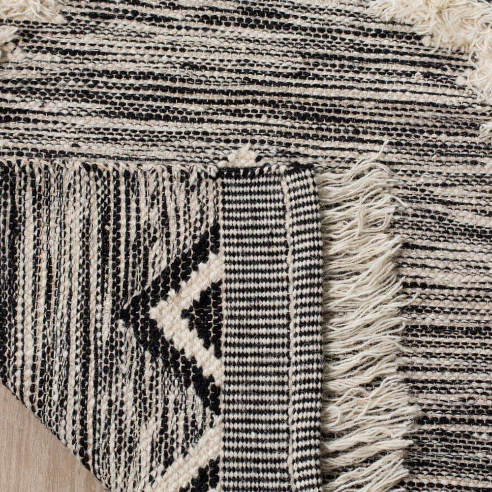Hand-Knotted Black and Ivory Wool Geometric Area Rug