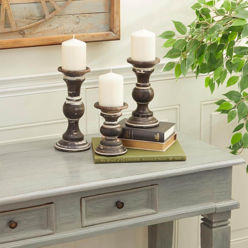 Radiant Glow Traditional Dark Brown Mango Wood Candle Holder Set of 3