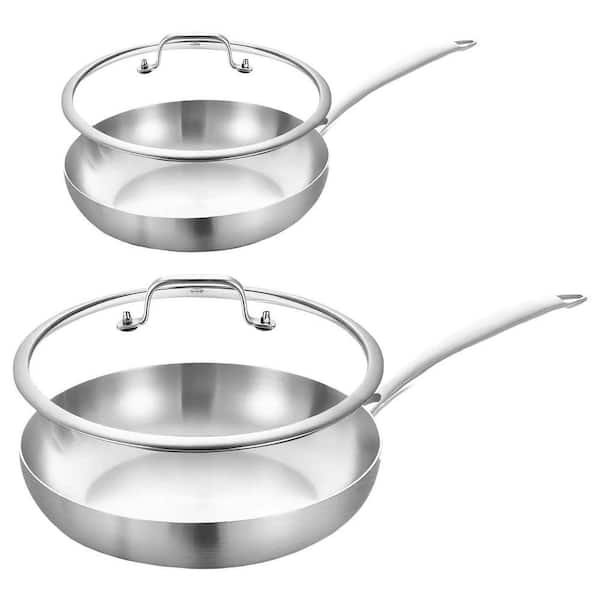 4-Piece 8.5-12 Inch Tri-Ply Stainless Steel Frying Pan Set with Lids, Skillets, Induction Compatible, Oven Safe