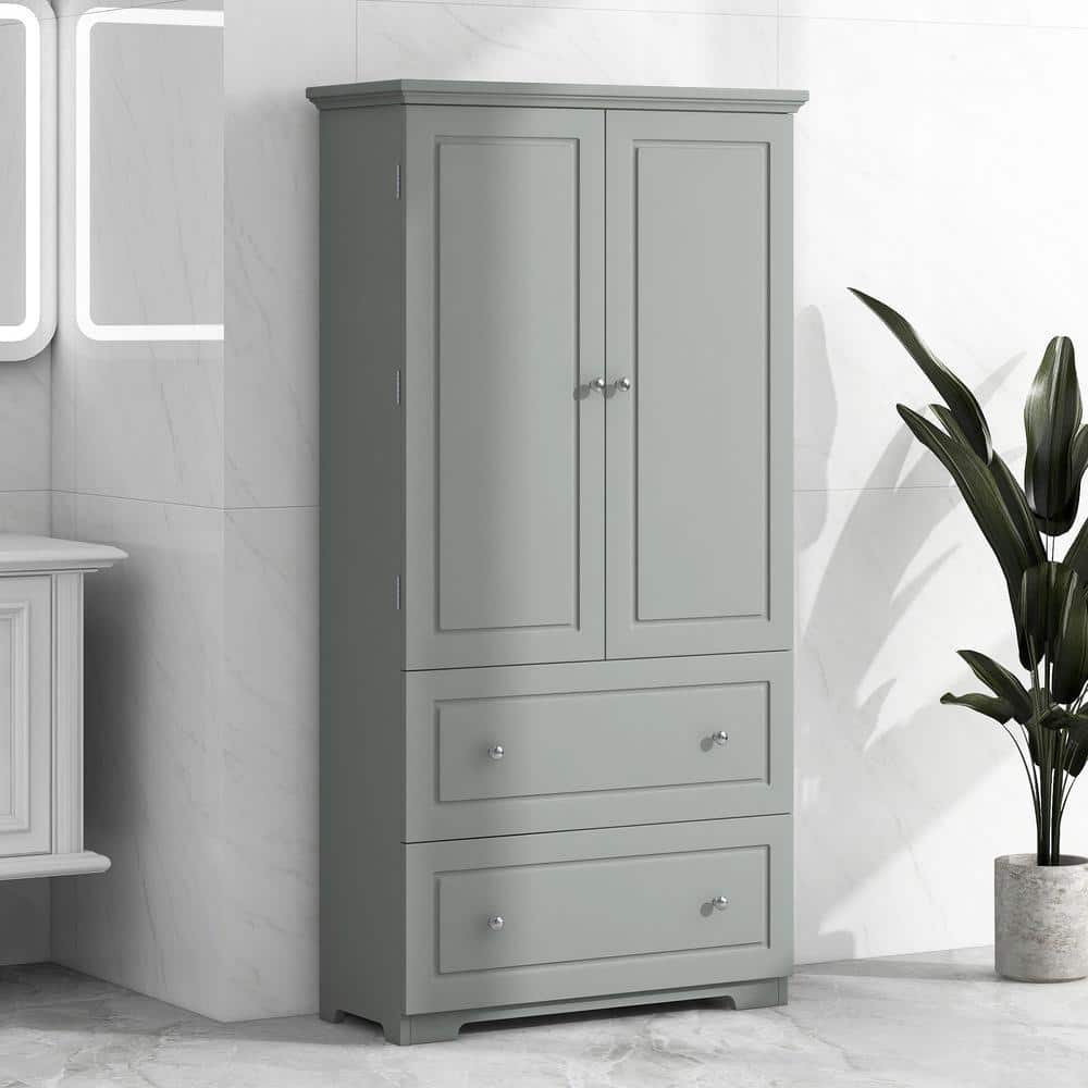 32.6 in. W x 13 in. D x 62.3 in. H Grey Tall Wide Linen Cabinet with 2-Draw