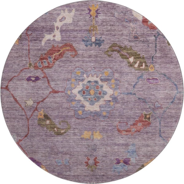 Mayfield Premium Machine Washable Abstract AMF2229 Plum 8 ft. x 8 ft. Round Rug