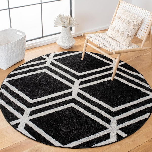 Adirondack 6 ft. x 6 ft. Round Black/Ivory Distressed Diamond Area Rug