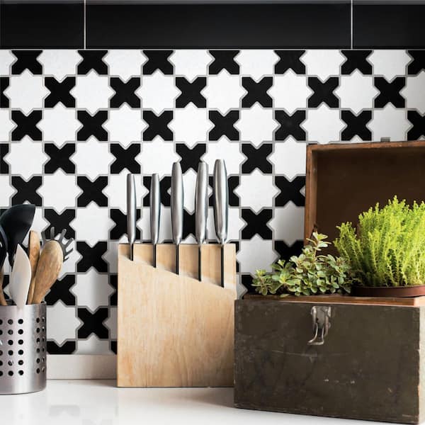 Metro 2 in. Star Matte White with Black Cross 12 in. x 12 in. Porcelain Floor and Wall Mosaic Tile (10.0 sq. ft. /Case)