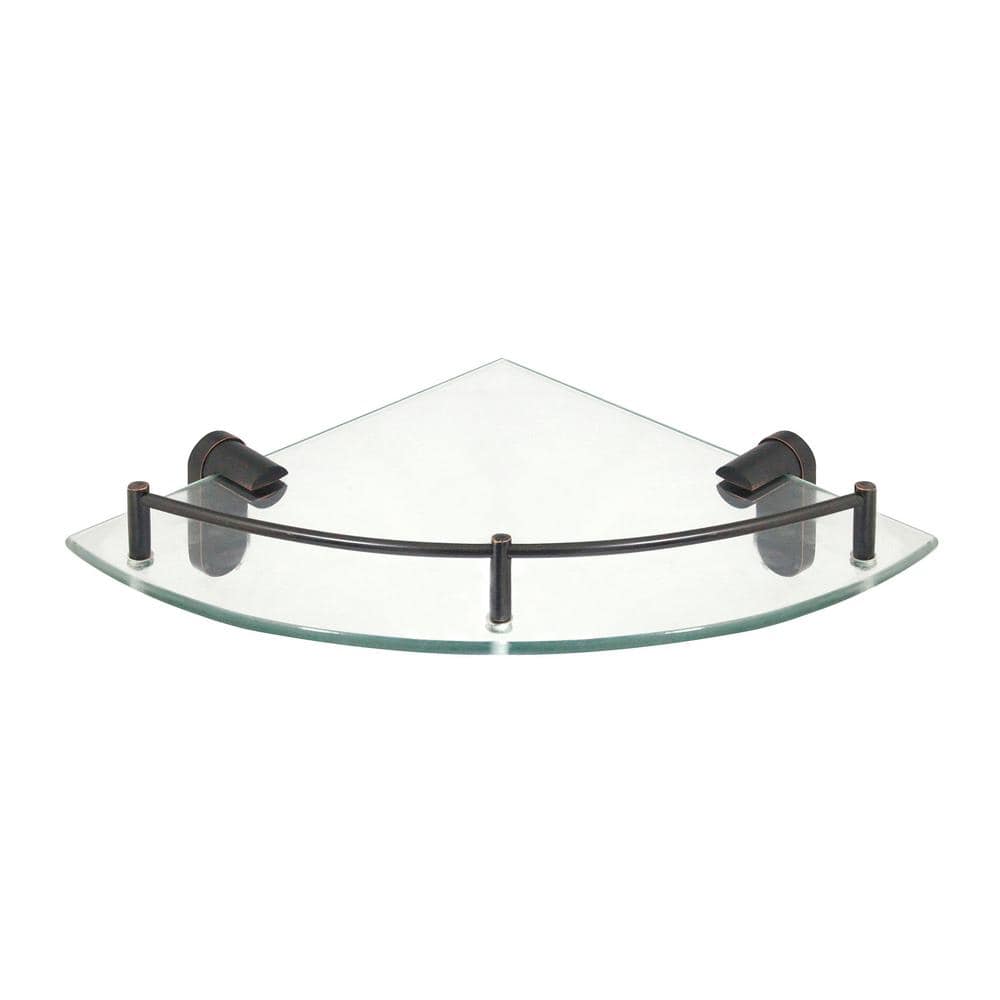 MODONA Oval 10.5 in. x 10.5 in. Glass Corner Shelf with Pre-Installed Rail in Rubbed Bronze