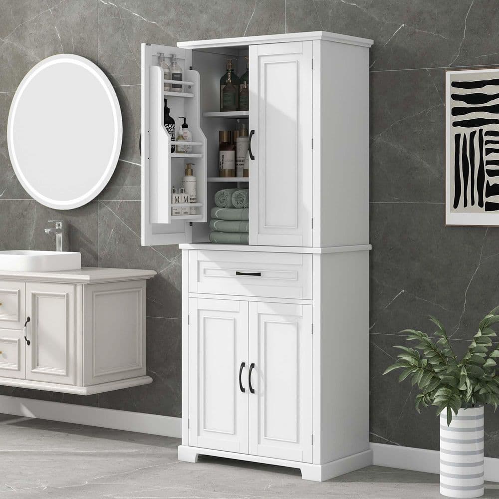 30 in. W x 15.7 in. D x 72 in. H White MDF Freestanding Linen Cabinet with 4 Doors, 1 Drawer and Adjustable Shelf price history on PriceWatchPro