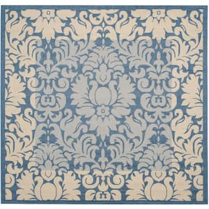Courtyard Blue/Natural 7 ft. x 7 ft. Square Floral Indoor/Outdoor Patio  Area Rug
