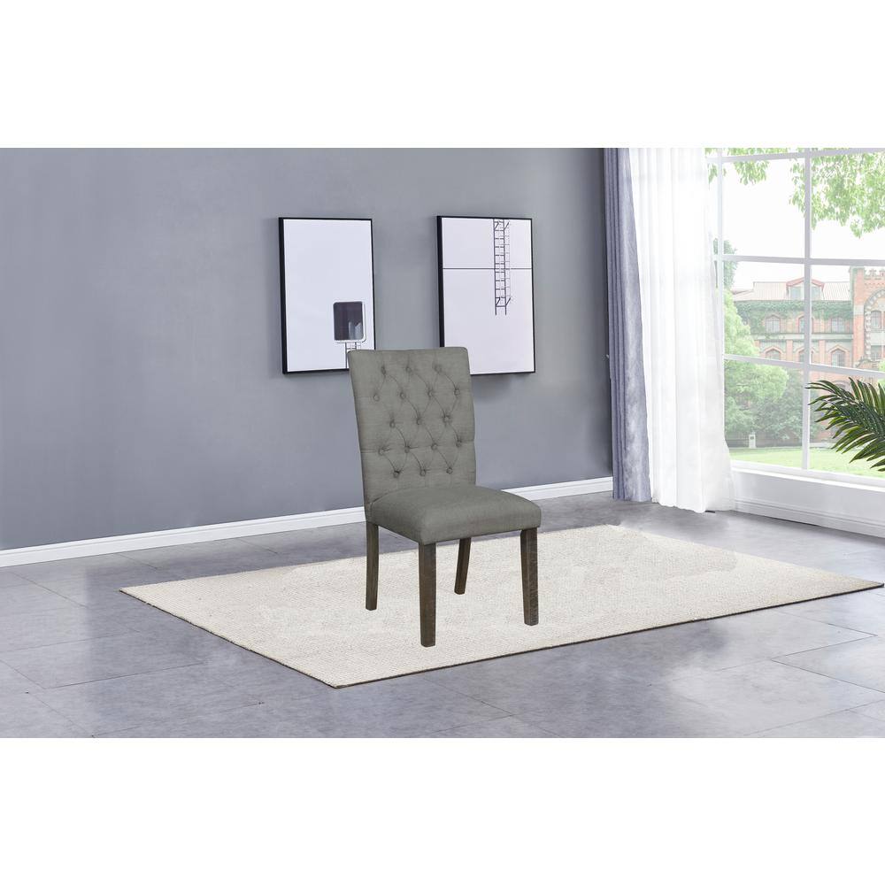 Rustic Dark Oak High Back Gray Linen Upholstered Side Chair Set