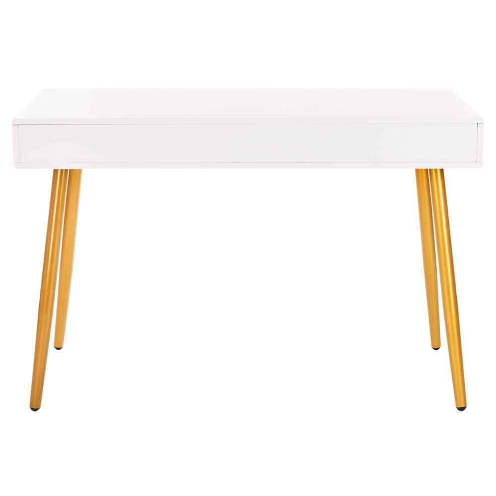 White and Gold Wood Writing Table with Drawer