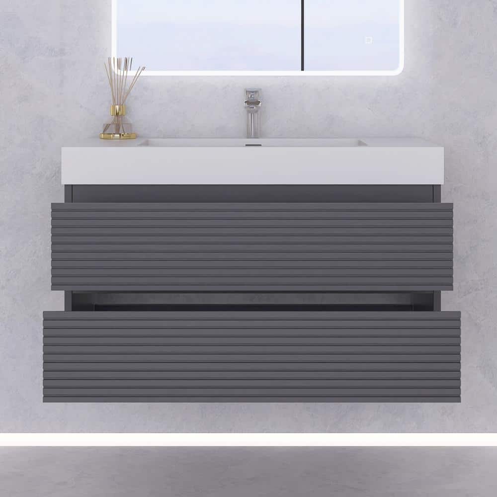 36" Gray Plywood Floating Vanity with White Acrylic Top