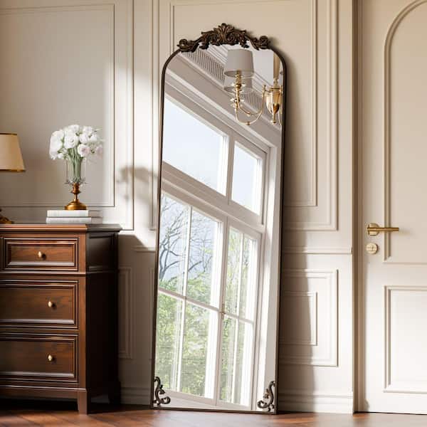 Bronze 21 in. W x 64 in. H Arched Aluminum Alloy Framed with Carved Decoration Full Length Mirror