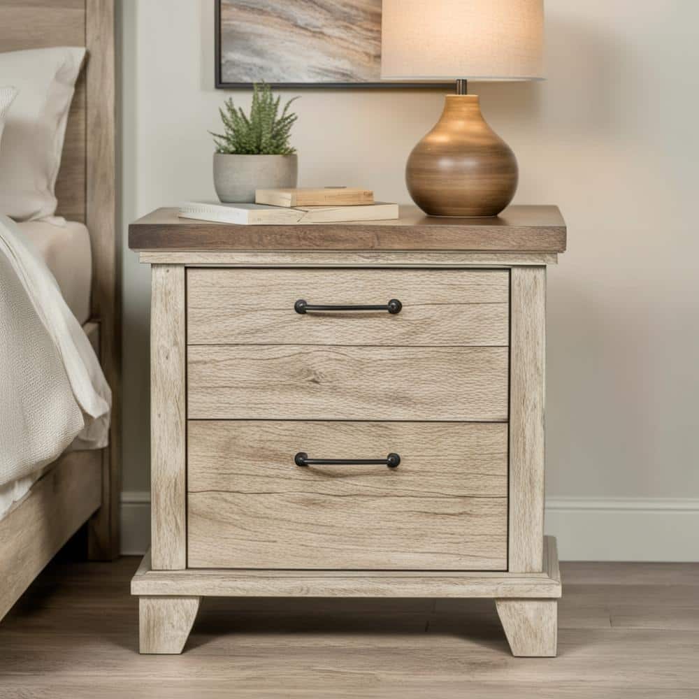 Rustic Ivory Farmhouse 2-Drawer Nightstand with Honey Accents