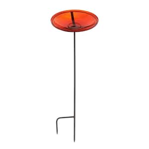 14 in. Dia Red Reflective Crackle Glass Birdbath Bowl with Stake