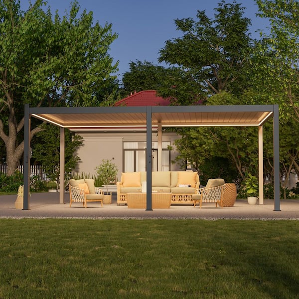 JOYESERY 12 ft. x 20 ft. LED Modern Steel Louvered Pergola Outdoor Pergola with Adjustable Roof for Backyard, Brown