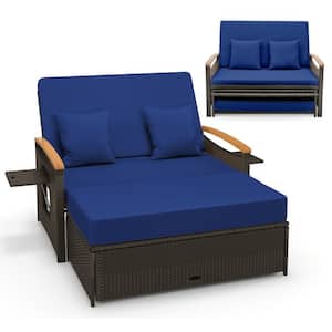 Patio Wicker Outdoor Day Bed Loveseat and Storage Ottoman Set with Navy Cushions