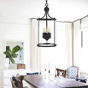 5-Light Matte Black Lantern Pendant Light with Clear Glass Shade