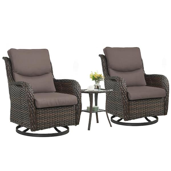 Crescent Moon Brown 3-Piece Wicker Patio Conversation Deep Seating Set with Gray Cushions