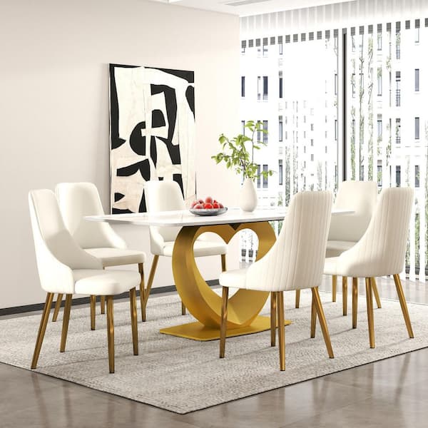 (Set of 6) Modern PU leather Upholstered Dining Chair Desk Chair Furniture with Sturdy Metal Legs, Beige