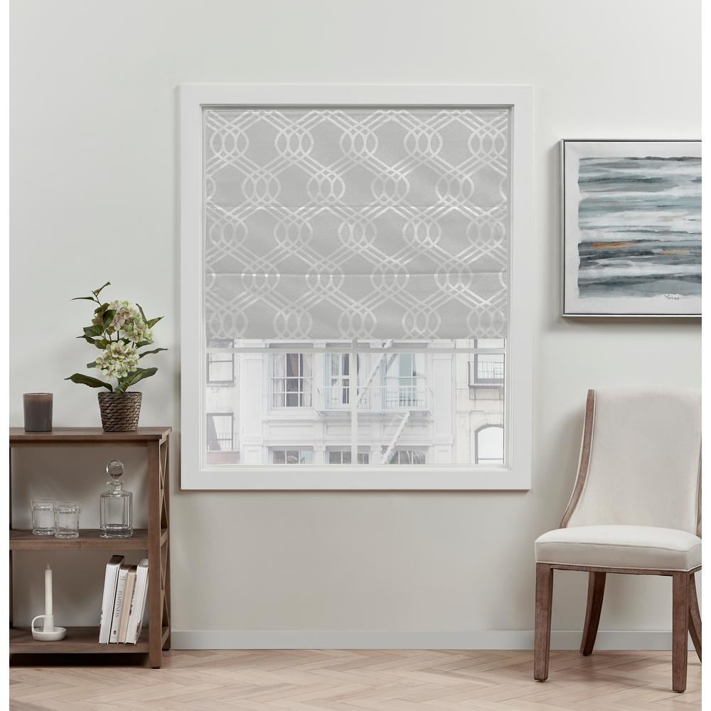 EXCLUSIVE HOME Prague Trellis Silver Cordless Total Blackout Roman Shade 23 in. W x 64 in. L