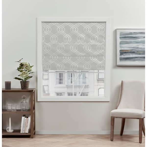 Prague Trellis Silver Cordless Total Blackout Polyester Roman Shade 27 in. W x 64 in. L