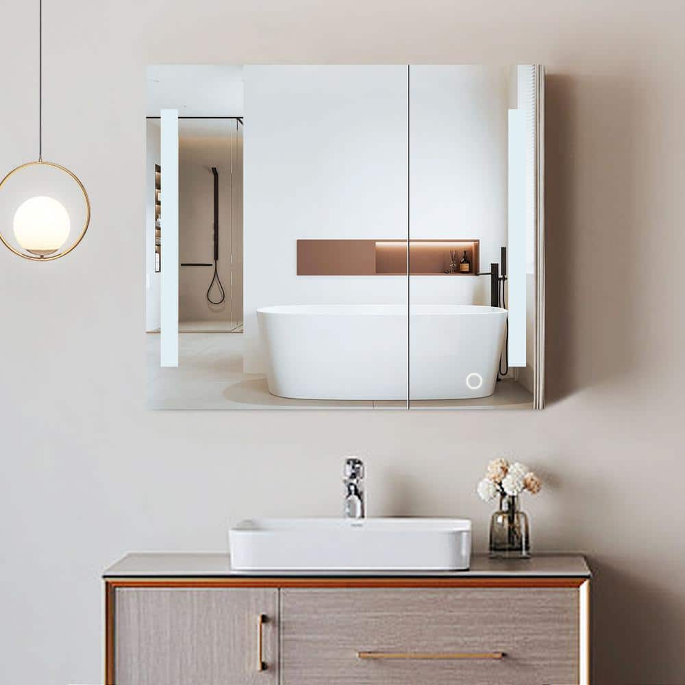 Modern 36 in. W x 24 in. H Silver Metal Framed Wall Mount/Recessed Bathroom