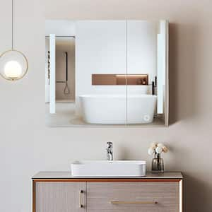 Modern 36 in. W x 24 in. H Silver Metal Framed Wall Mount/Recessed Bathroom Medicine Cabinet with Mirror LED Anti-fog