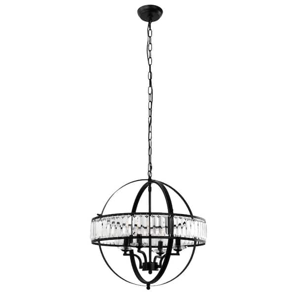4-Light Matte Black Dimmable Crystal Globe Chandelier for Bedroom Dining Room Foyer with No Bulbs Included
