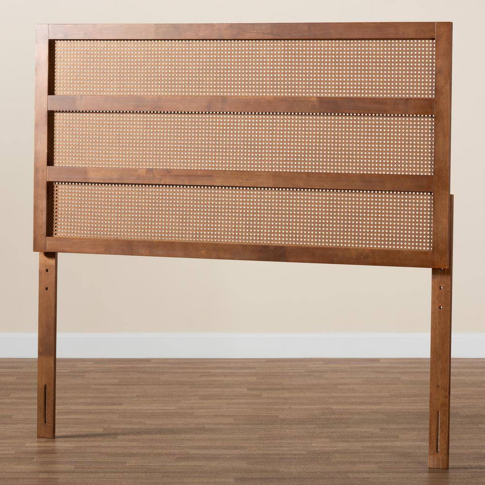 Walnut Wood and Rattan Queen Size Headboard with Woven Design