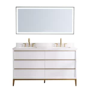 60 in. W x 22 in. D x 35 in. H Solid Wood Bath Vanity in White with White Quartz Top, Double Sink Mirror with Light Plug