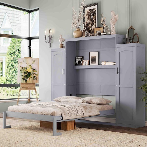 Gray Wood Frame Queen Size Murphy Bed with 2-Wardrobe and Storage Shelf