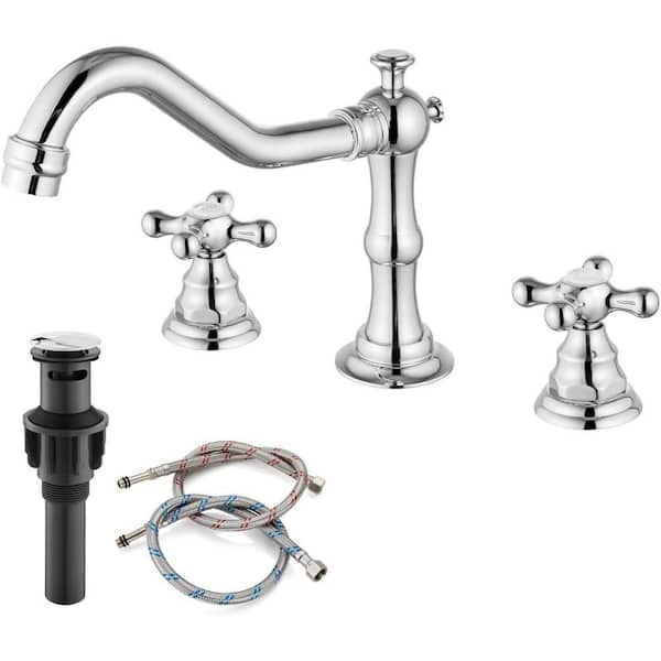 Dyiom Polish Chrome Widespread Double Cross Knobs 2-Handle 3-Hole Bathroom Sink Faucet Mixing Bath Accessory Set