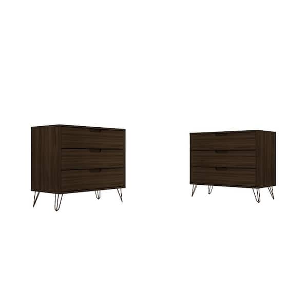 Manhattan Comfort Rockefeller 3-Drawer Brown Dresser (Set of 2)