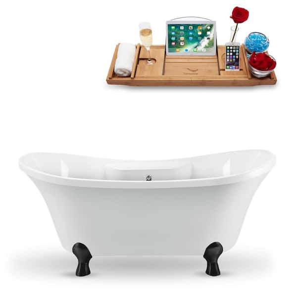 Streamline 60 in. Acrylic Clawfoot Non-Whirlpool Bathtub in Glossy White With Matte Black Clawfeet And Polished Chrome Drain