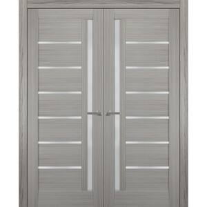 4088 56 in. x 80 in. Universal Frosted Glass Solid MDF Gray Finished Pine Wood Double Prehung French Door with Hardware
