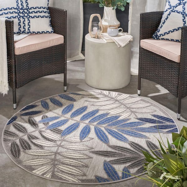 Aloha Gray/Blue 4 ft. x 4 ft. Round Floral Contemporary Indoor/Outdoor Patio Area Rug