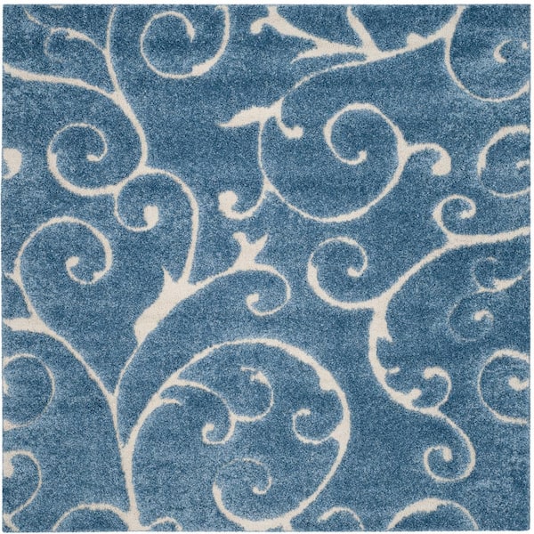 SAFAVIEH Florida Shag Light Blue/Cream 5 ft. x 5 ft. Square Floral Area Rug