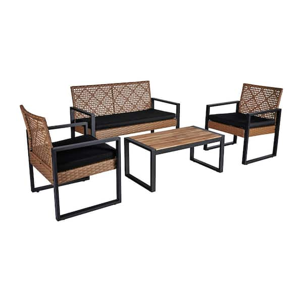 Zeus & Ruta 4-Piece Brown Wicker Outdoor Sectional Conversation Set with Wood Table Top and Black Cushions for Porch Lawn