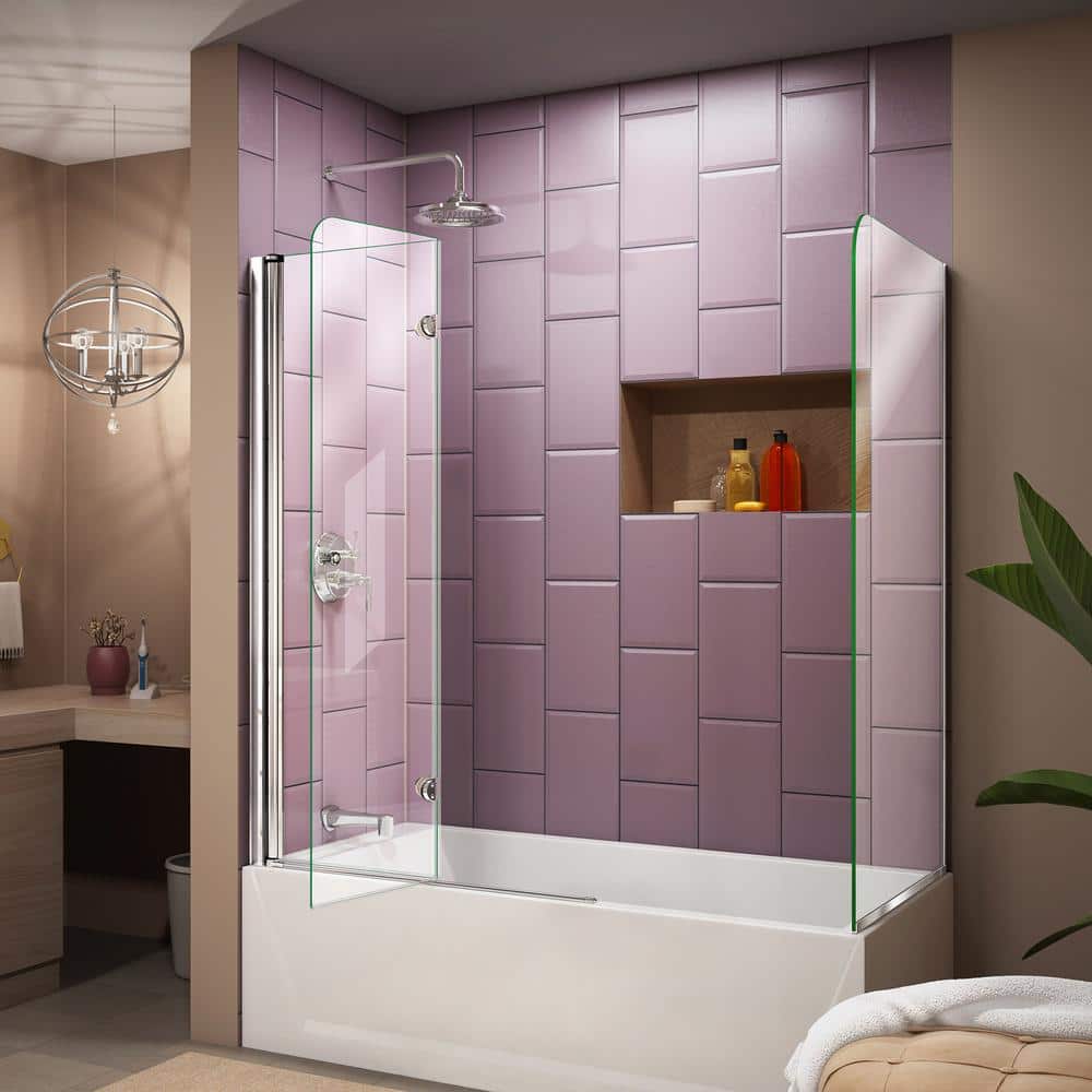 Aqua Fold Frameless Clear Glass Chrome Hinged Tub Door