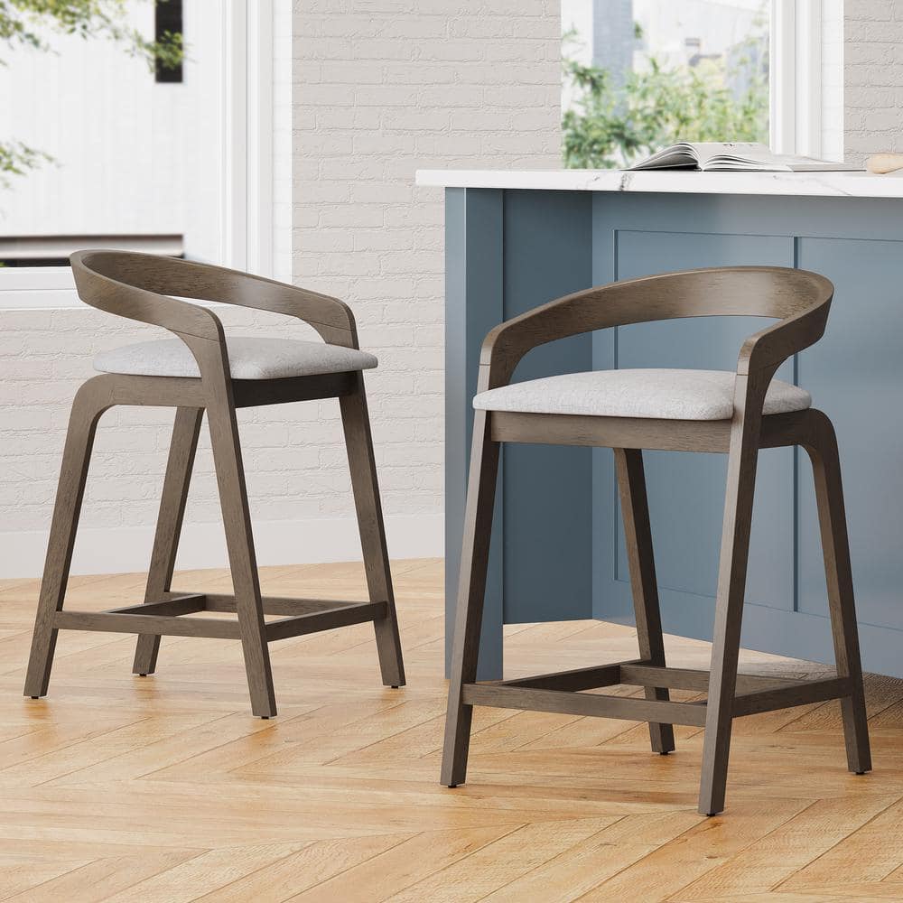 Beige Rubberwood Counter Stools with Cushioned Seats, Set of 2