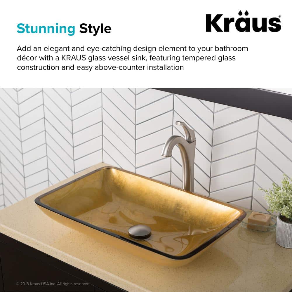 Gold Glass Rectangular Vessel Bathroom Sink, 22 inch
