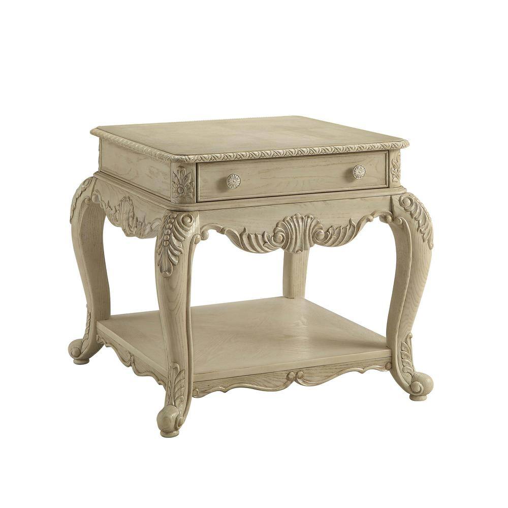 Antique White Solid Wood Cabriole Leg End Table with Storage
