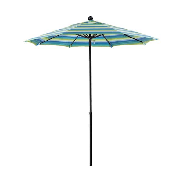 California Umbrella 7.5 ft. Black Fiberglass Commercial Market Patio Umbrella with Fiberglass Rib and Push Lift in Seville Seaside Sunbrella